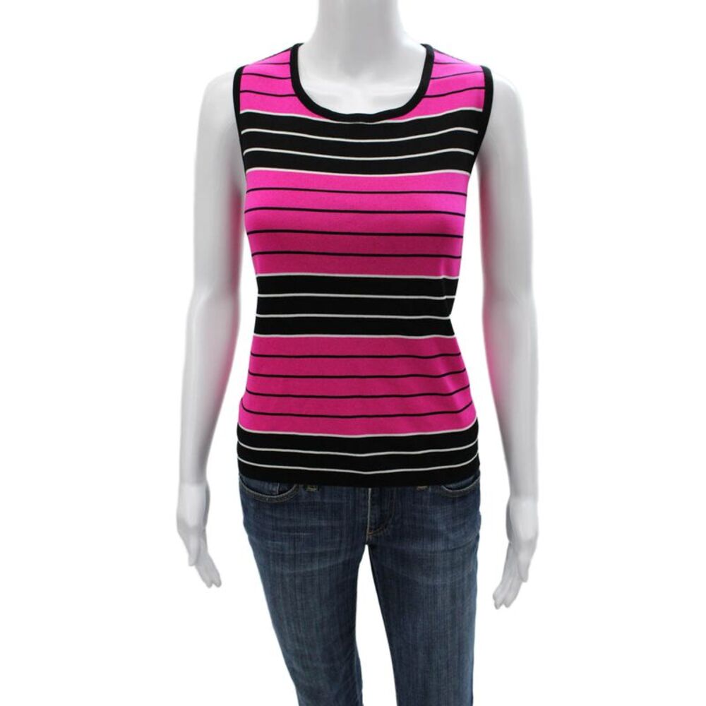 Exclusively Misook Women Basic Striped Pink Scoop Neck Tank Size S